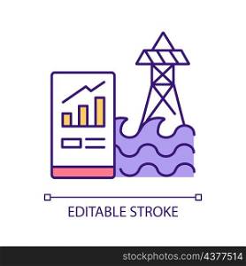 Water energy technology RGB color icon. Hydropower station. Remote monitoring. Economic benefits. Isolated vector illustration. Simple filled line drawing. Editable stroke. Arial font used. Water energy technology RGB color icon