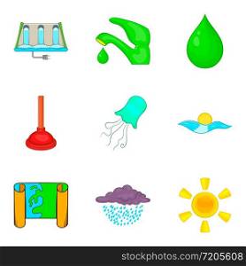 Water equipment icons set. Cartoon set of 9 water equipment vector icons for web isolated on white background. Water equipment icons set, cartoon style