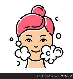 Water face cleanser color icon. Skin care procedure. Facial beauty treatment. Foam and bubbles. Cleansing and moisturizing effect. Dermatology, cosmetics, makeup. Isolated vector illustration