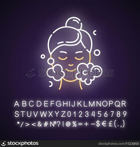 Water face cleanser neon light icon. Skin care procedure. Cleansing, moisturizing effect. Dermatology, cosmetics, makeup. Glowing sign with alphabet, numbers and symbols. Vector isolated illustration