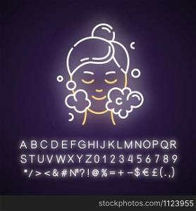 Water face cleanser neon light icon. Skin care procedure. Cleansing, moisturizing effect. Dermatology, cosmetics, makeup. Glowing sign with alphabet, numbers and symbols. Vector isolated illustration