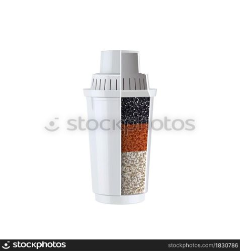 Water Filter Cartridge Layers For Cleanse Vector. Blank Cartridge With Charcoal, Sieving, Adsorption, Ion Exchange And Biofilms. Cylinder For Preparing Clean Liquid Template Realistic 3d Illustration. Water Filter Cartridge Layers For Cleanse Vector