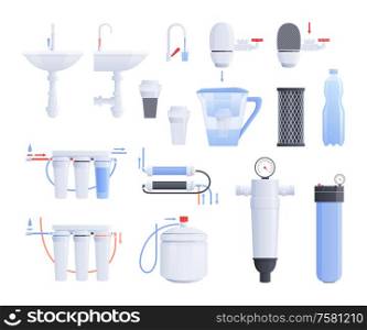 Water filter flat icon set with different type of filters for cold and hot water vector illustration