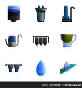 Water filter icon set. Cartoon set of 9 water filter vector icons for web design isolated on white background. Water filter icon set, cartoon style