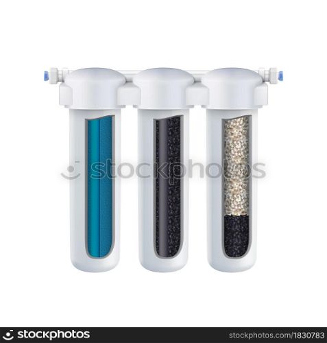 Water Filtering System With Filter Layers Vector. Blank Cartridges With Charcoal, Sieving, Adsorption And Ion Exchange For Purify Water. Household Tool Template Realistic 3d Illustration. Water Filtering System With Filter Layers Vector