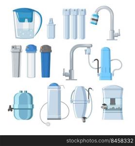 Water filters and mineral filtration systems set. Home pitcher jug container, undersink, countertop tap, reverse osmosis filters. Flat vector illustration. Water purification equipment concept