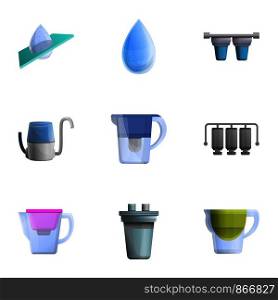 Water filtration icon set. Cartoon set of 9 water filtration vector icons for web design isolated on white background. Water filtration icon set, cartoon style