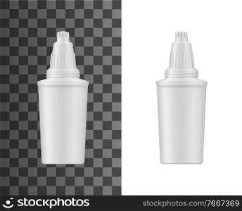 Water filtration pitcher cartridge realistic mockup. Home water treatment and desalination filter, dispenser replacement cartridge with carbon filling and plastic housing 3d vector template. Water filter pitcher cartridge realistic mockup