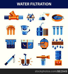 Water filtration processes with special modern technologies set. Golden pipes, harmless chemicals and connected systems to achieve pure liquids isolated vector illustrations on white background.. Water filtration processes with special modern technologies set