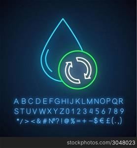 Water filtration, purification neon light icon. Conservation of planet aquatic resources. Recycling hidrosystem. Glowing sign with alphabet, numbers and symbols. Vector isolated illustration