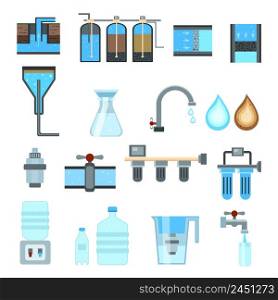 Water filtration set of flat icons with industrial treatment system, household jug with cartridge isolated vector illustration . Water Filtration Flat Icons