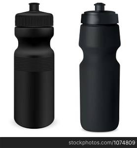 Water flask set. Black sport bottle mockup. Protein can blank illustration. Nutrition powder canister 3d template. Cycling recycle vessel. Retail package promotion. Gym container. Water flask set. Sport bottle mockup. Protein can