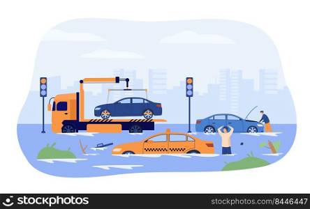 Water flood on city roads. Drivers and tow truck saving damaged cars from heavy rain and storm. Vector illustration for rainfall season, rain period, natural disaster concept