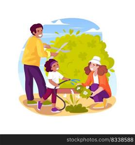 Water flowers beds isolated cartoon vector illustration. Family watering flower bed outside, child holding a hose, seasonal outdoor work, children help parents gardening vector cartoon.. Water flowers beds isolated cartoon vector illustration.