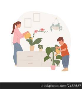 Water flowers isolated cartoon vector illustration. Family daily routine, mom and kid watering flowers in a living room, house maintenance, growing flowers, home gardening hobby vector cartoon.. Water flowers isolated cartoon vector illustration.