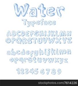 Water font or type liquid vector drop letters and digits. Isolated uppercase and lowercase letters, numbers. Pure aqua blue transparent characters with water droplets. Cartoon font. Water font liquid vector drop letters