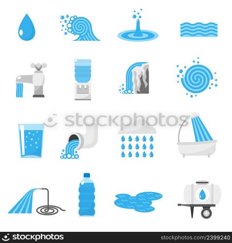 Water forms flat icons set with drop ocean wave rain and waterfall isolated vector illustration. Water icons set