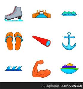 Water gymnastics icons set. Cartoon set of 9 water gymnastics vector icons for web isolated on white background. Water gymnastics icons set, cartoon style
