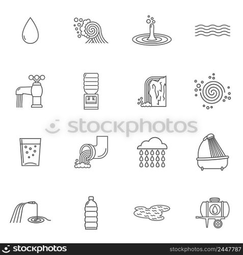Water icons line set with faucet shower and plastic bottle isolated vector illustration. Water Icons Line
