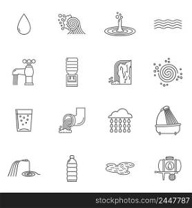 Water icons line set with faucet shower and plastic bottle isolated vector illustration. Water Icons Line