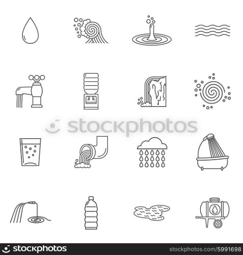 Water Icons Line. Water icons line set with faucet shower and plastic bottle isolated vector illustration