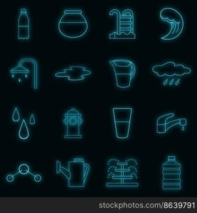 Water icons set. Illustration of 16 water vector icons neon color on black. Water icons set vector neon