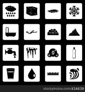 Water icons set in white squares on black background simple style vector illustration. Water icons set squares vector