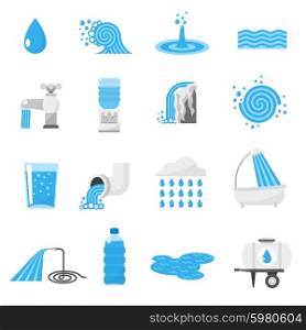 Water icons set. Water forms flat icons set with drop ocean wave rain and waterfall isolated vector illustration