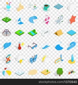 Water in beach icons set. Isometric style of 36 water in beach vector icons for web for any design. Water in beach icons set, isometric style