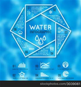 Water infographic vector template with texture blurred background and line aqua icons. Water infographic vector template with water texture blurred background and line aqua icons. Banner with report information about water illustration