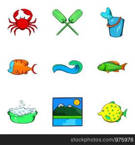 Water lifestyle icons set. Cartoon set of 9 water lifestyle vector icons for web isolated on white background. Water lifestyle icons set, cartoon style