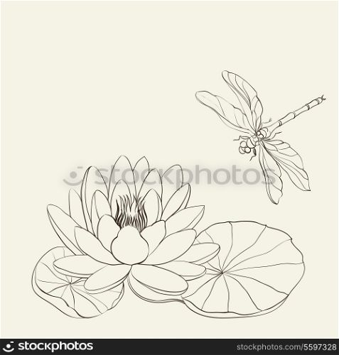 Water Lily and dragonfly sepia. Vector illustration.