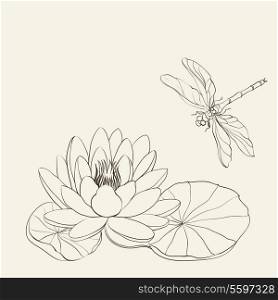 Water Lily and dragonfly sepia. Vector illustration.