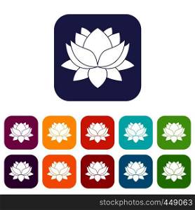 Water lily flower icons set vector illustration in flat style In colors red, blue, green and other. Water lily flower icons set flat