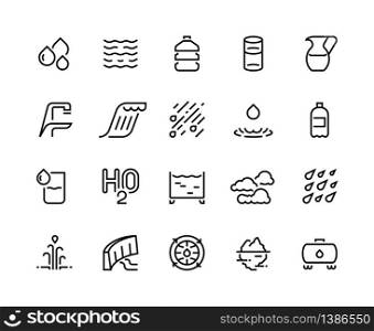 Water line icons. Bottle and glass of liquid, rain drops clouds and shower, water sources such as iceberg geyser, water tank and barrel. Vector illustration black sign, pictogram on white. Water line icons. Bottle and glass of liquid, rain drops clouds and shower, water sources such as iceberg geyser, water tank and barrel. Vector sign
