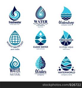 Water logos. Aqua water drops and splashes silhouette health rain spa vector symbols isolated with place for your text. Illustration of drop logo, droplet aqua emblem. Water logos. Aqua water drops and splashes silhouette health rain spa vector symbols isolated with place for your text