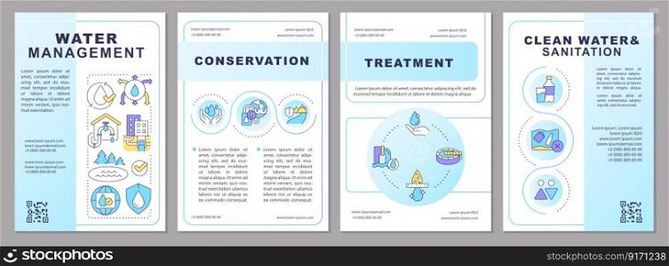 Water management blue gradient brochure template. Liquid sources. Leaflet design with linear icons. 4 vector layouts for presentation, annual reports. Arial, Myriad Pro-Regular fonts used. Water management blue gradient brochure template