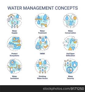 Water management concept icons set. Natural resources consumption planning idea thin line color illustrations. Isolated symbols. Editable stroke. Roboto-Medium, Myriad Pro-Bold fonts used. Water management concept icons set