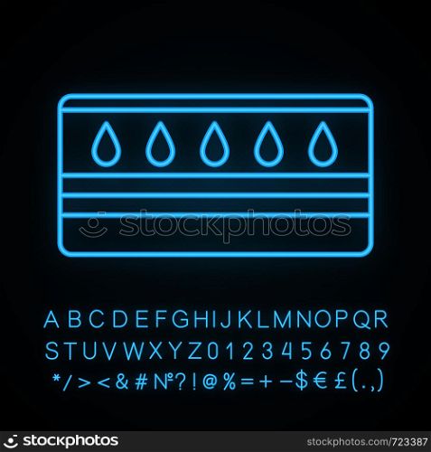 Water mattress neon light icon. Waterbed. Flotation mattress. Bedding. Glowing sign with alphabet, numbers and symbols. Vector isolated illustration. Water mattress neon light icon