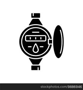 Water meter black glyph icon. Measuring liquid volume. Residential and commercial building units. Public water supply system. Silhouette symbol on white space. Vector isolated illustration. Water meter black glyph icon