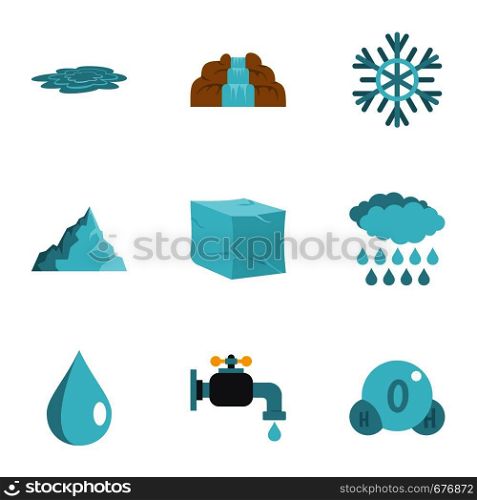 Water natural form icon set. Flat set of 9 water natural form vector icons for web isolated on white background. Water natural form icon set, flat style