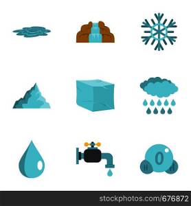 Water natural form icon set. Flat set of 9 water natural form vector icons for web isolated on white background. Water natural form icon set, flat style