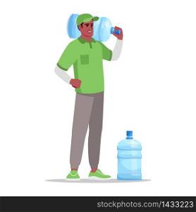 Water office delivery semi flat RGB color vector illustration. Gallon of purified liquid for corporate cooler. Deliveryman service. Male african courier isolated cartoon character on white background. Water office delivery semi flat RGB color vector illustration