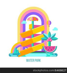 Water park. A water slide on a rainbow background. Vector illustration. Summer holiday.