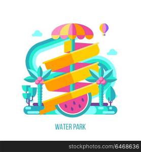 Water Park, amusement Park. A water slide on a rainbow background. Vector illustration.
