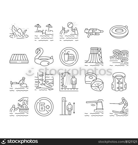 Water Park Attraction And Pool Icons Set Vector. Water Park Restaurant And Bar, Inflatable Swim Vest And Lifebuoy, Tr&oline And Mattress. Swimming And Enjoying Time Black Contour Illustrations. Water Park Attraction And Pool Icons Set Vector