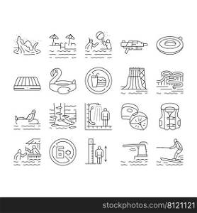 Water Park Attraction And Pool Icons Set Vector. Water Park Restaurant And Bar, Inflatable Swim Vest And Lifebuoy, Tr&oline And Mattress. Swimming And Enjoying Time Black Contour Illustrations. Water Park Attraction And Pool Icons Set Vector