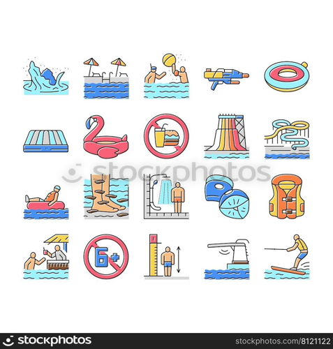 Water Park Attraction And Pool Icons Set Vector. Water Park Restaurant And Bar, Inflatable Swim Vest And Lifebuoy, Tr&oline And Mattress. Swimming And Enjoying Time Color Illustrations. Water Park Attraction And Pool Icons Set Vector