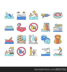 Water Park Attraction And Pool Icons Set Vector. Water Park Restaurant And Bar, Inflatable Swim Vest And Lifebuoy, Tr&oline And Mattress. Swimming And Enjoying Time Color Illustrations. Water Park Attraction And Pool Icons Set Vector