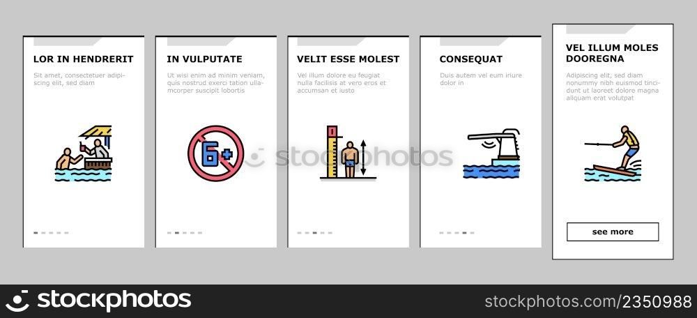 Water Park Attraction And Pool Onboarding Mobile App Page Screen Vector. Water Park Restaurant And Bar, Inflatable Swim Vest Lifebuoy, Tr&oline And Mattress. Swimming Enjoying Time Illustrations. Water Park Attraction And Pool Onboarding Icons Set Vector